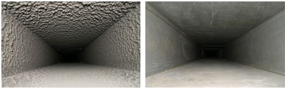 Before and after photos of a dirty and clean duct